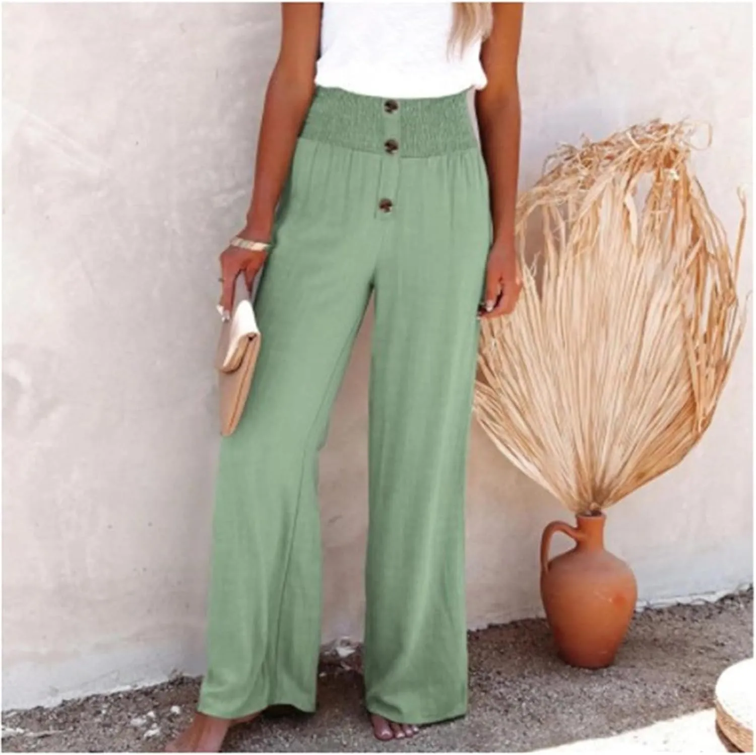 Linen Cotton Pants Women Wide Leg Pant Elastic High Waisted Straight Leg Flowy Casual Work Summer Trousers with Pocket