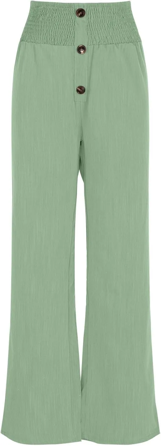 Linen Cotton Pants Women Wide Leg Pant Elastic High Waisted Straight Leg Flowy Casual Work Summer Trousers with Pocket