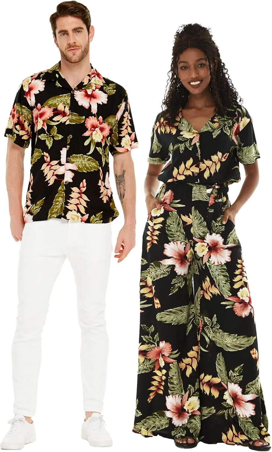 Matchable Couple Hawaiian Luau Shirt or Wide Legged with Pockets Jumpsuit in Rafelsia Black