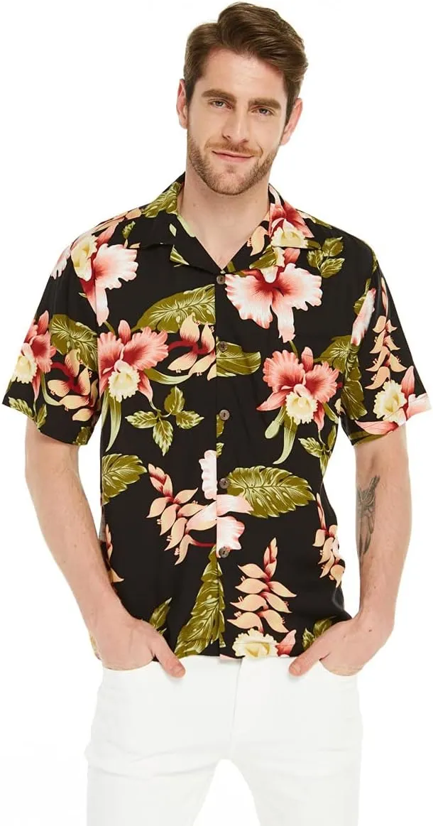 Matchable Couple Hawaiian Luau Shirt or Wide Legged with Pockets Jumpsuit in Rafelsia Black