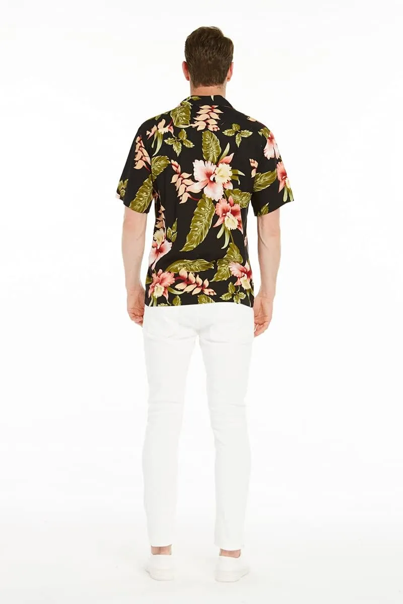 Matchable Couple Hawaiian Luau Shirt or Wide Legged with Pockets Jumpsuit in Rafelsia Black