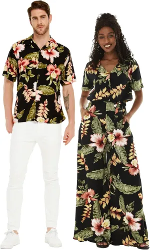 Matchable Couple Hawaiian Luau Shirt or Wide Legged with Pockets Jumpsuit in Rafelsia Black
