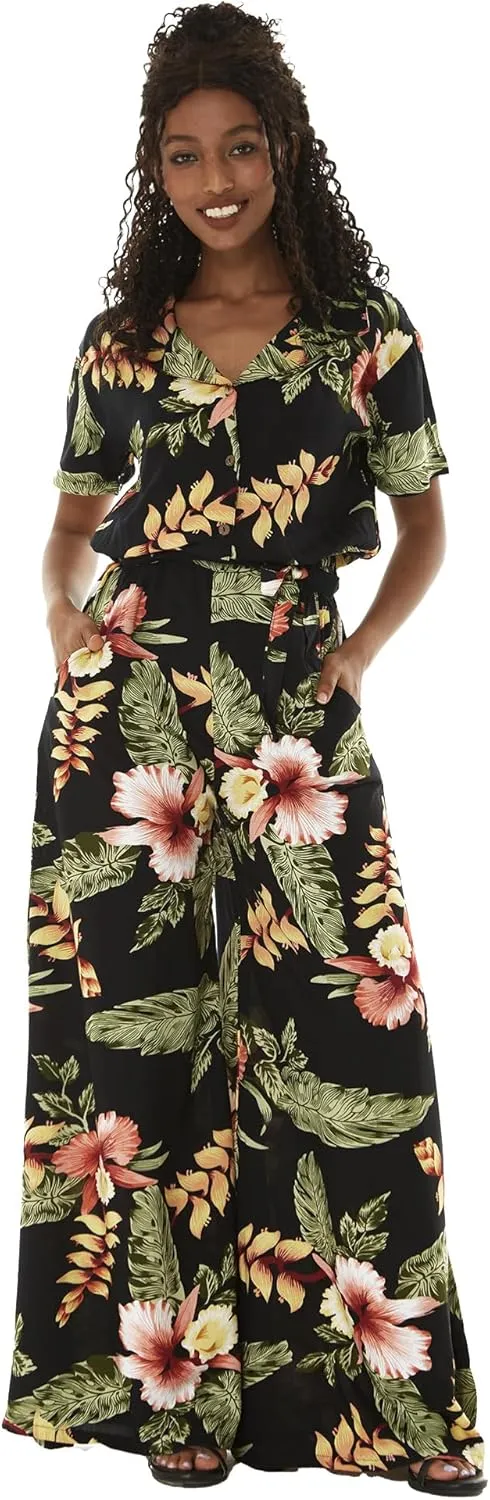 Matchable Couple Hawaiian Luau Shirt or Wide Legged with Pockets Jumpsuit in Rafelsia Black