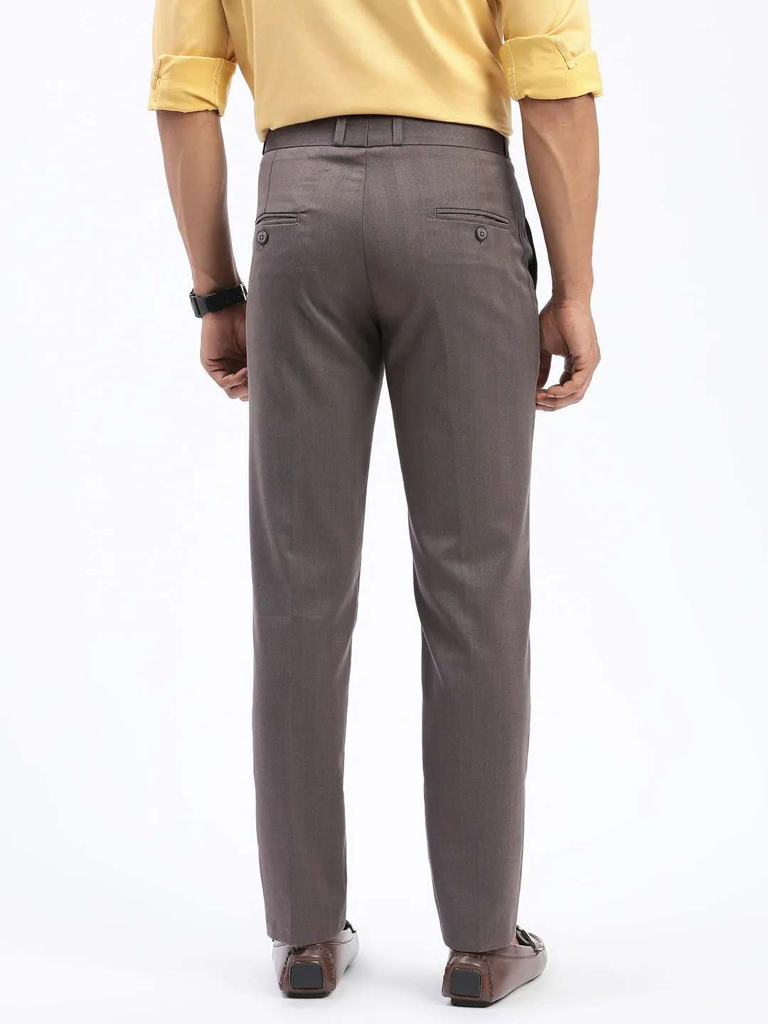 Men Brown Comfort Slim Fit Low-Rise Solid Cotton Trousers