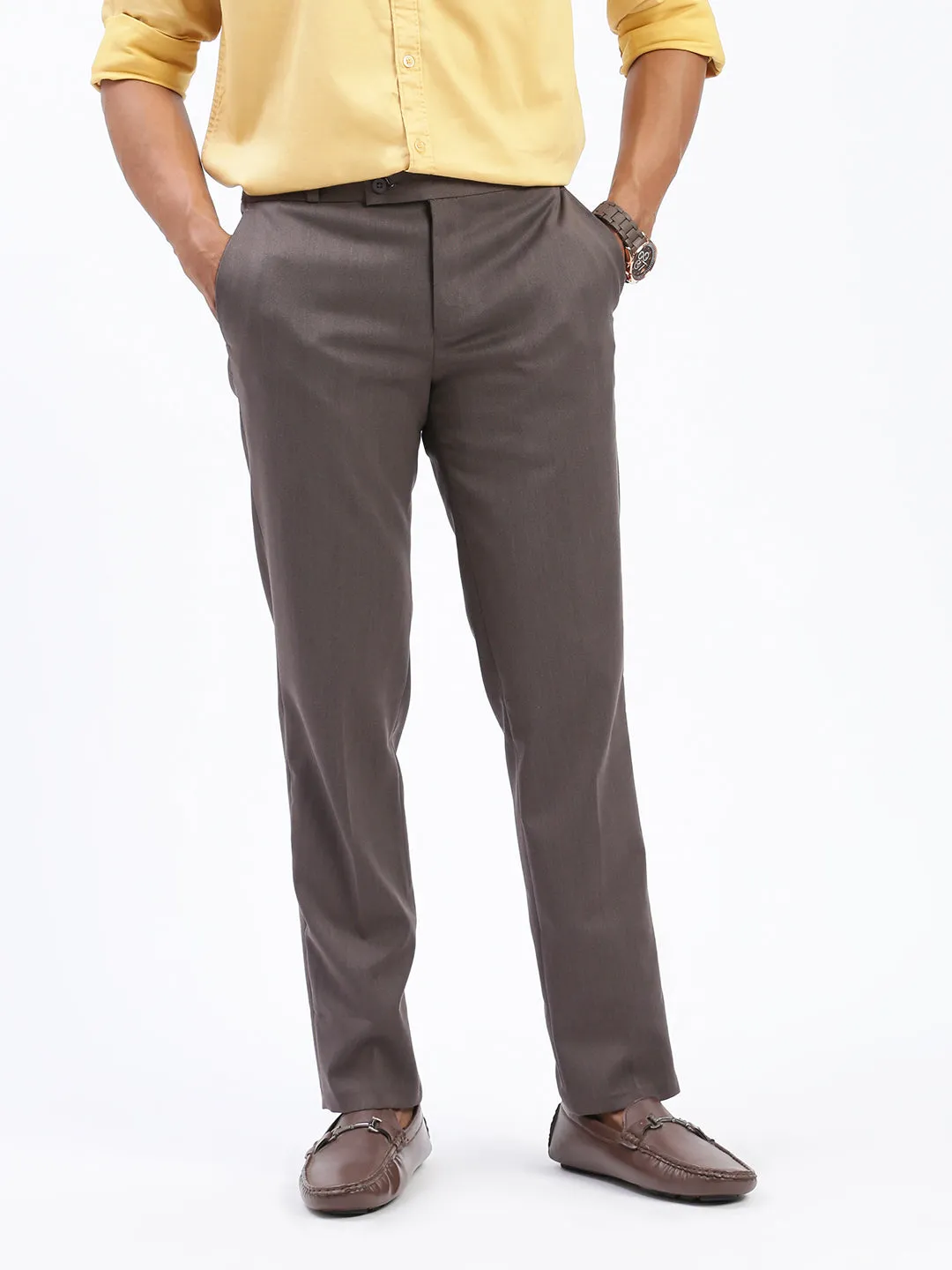 Men Brown Comfort Slim Fit Low-Rise Solid Cotton Trousers