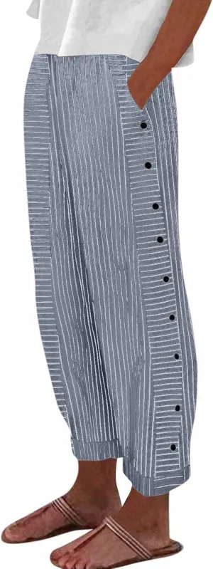 NBXNZWF Women Striped Linen Pants Casual High Waisted Wide Leg Cropped Pants Straight Leg Side Button Trousers with Pocket