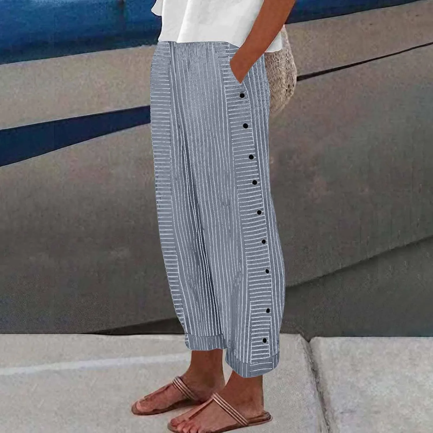 NBXNZWF Women Striped Linen Pants Casual High Waisted Wide Leg Cropped Pants Straight Leg Side Button Trousers with Pocket