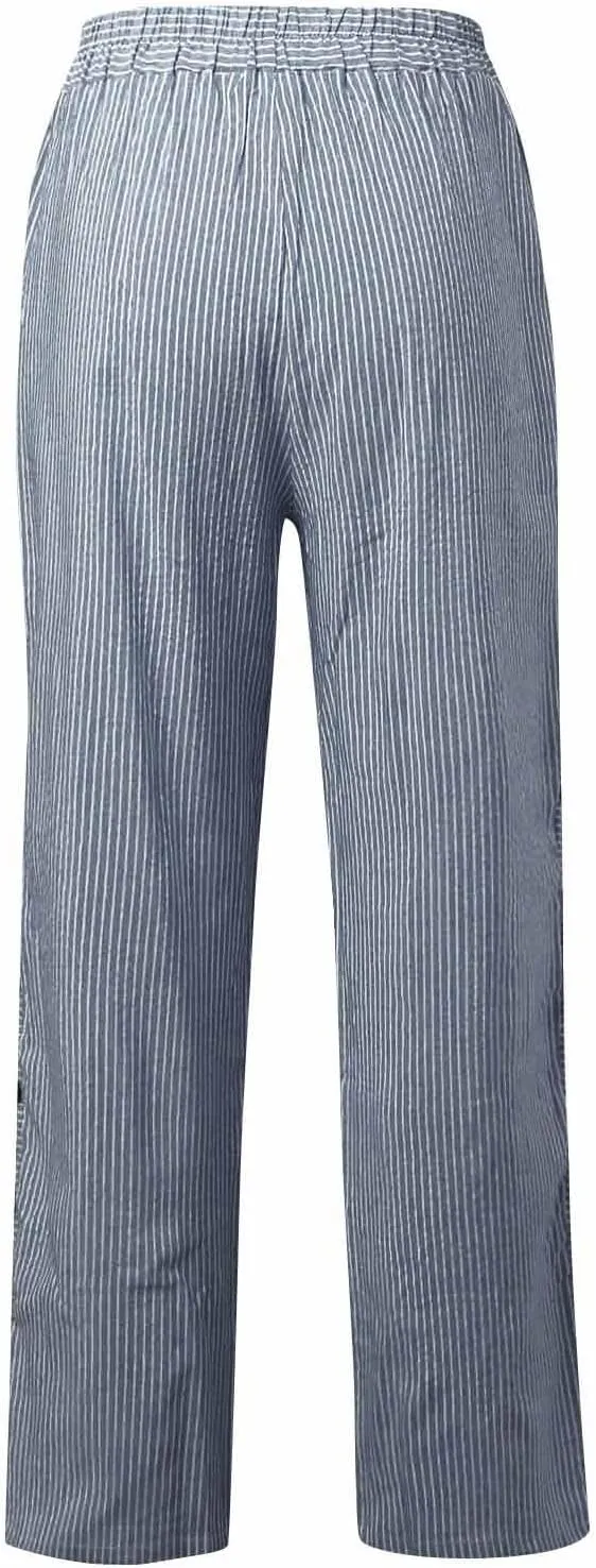 NBXNZWF Women Striped Linen Pants Casual High Waisted Wide Leg Cropped Pants Straight Leg Side Button Trousers with Pocket