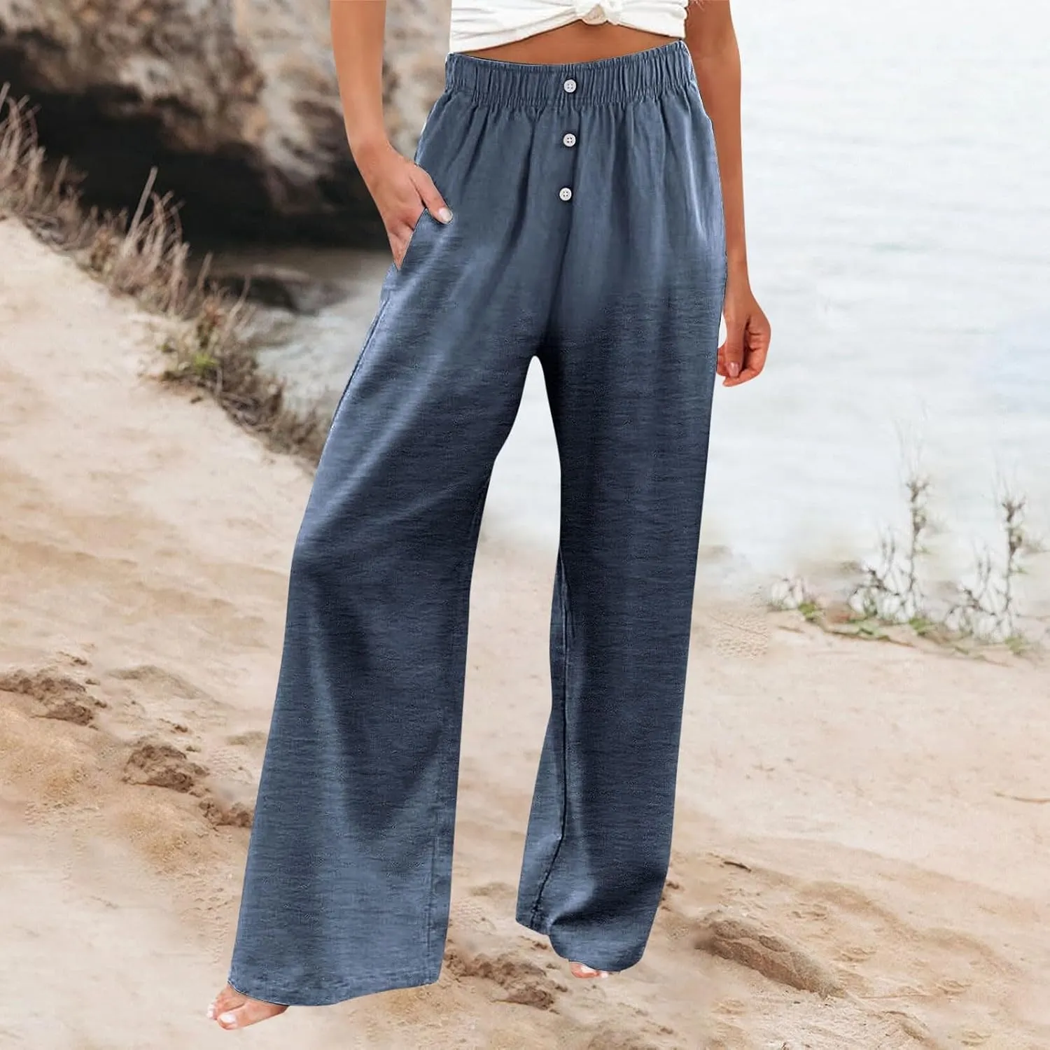 Plus Size Linen Pants Women Pull On High Waisted Casual Loose Pants 2024 Summer Boho Beach Pants with Pockets