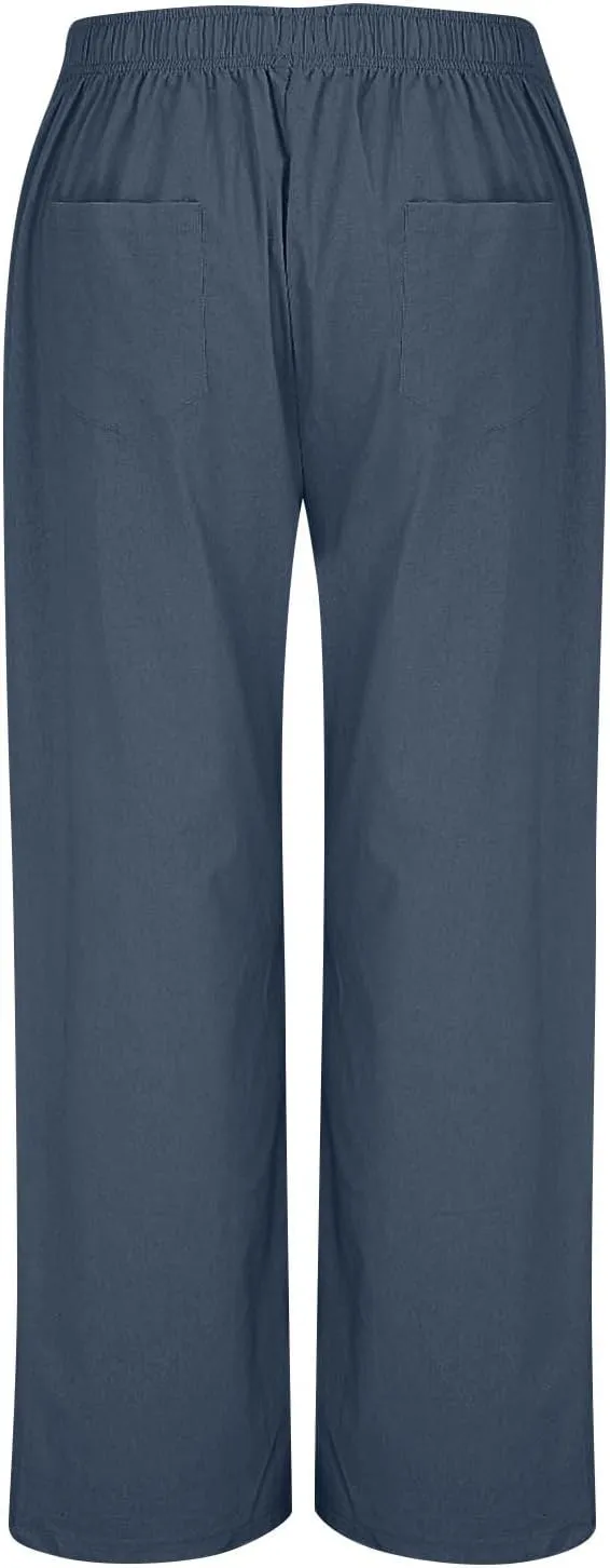 Plus Size Linen Pants Women Pull On High Waisted Casual Loose Pants 2024 Summer Boho Beach Pants with Pockets