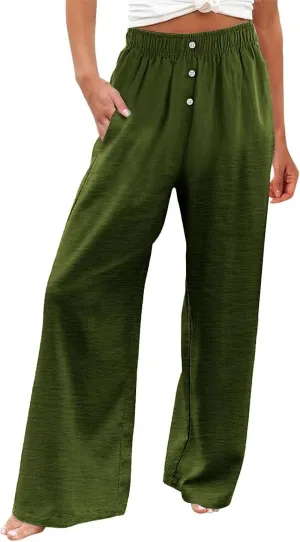 Plus Size Linen Pants Women Pull On High Waisted Casual Loose Pants 2024 Summer Boho Beach Pants with Pockets