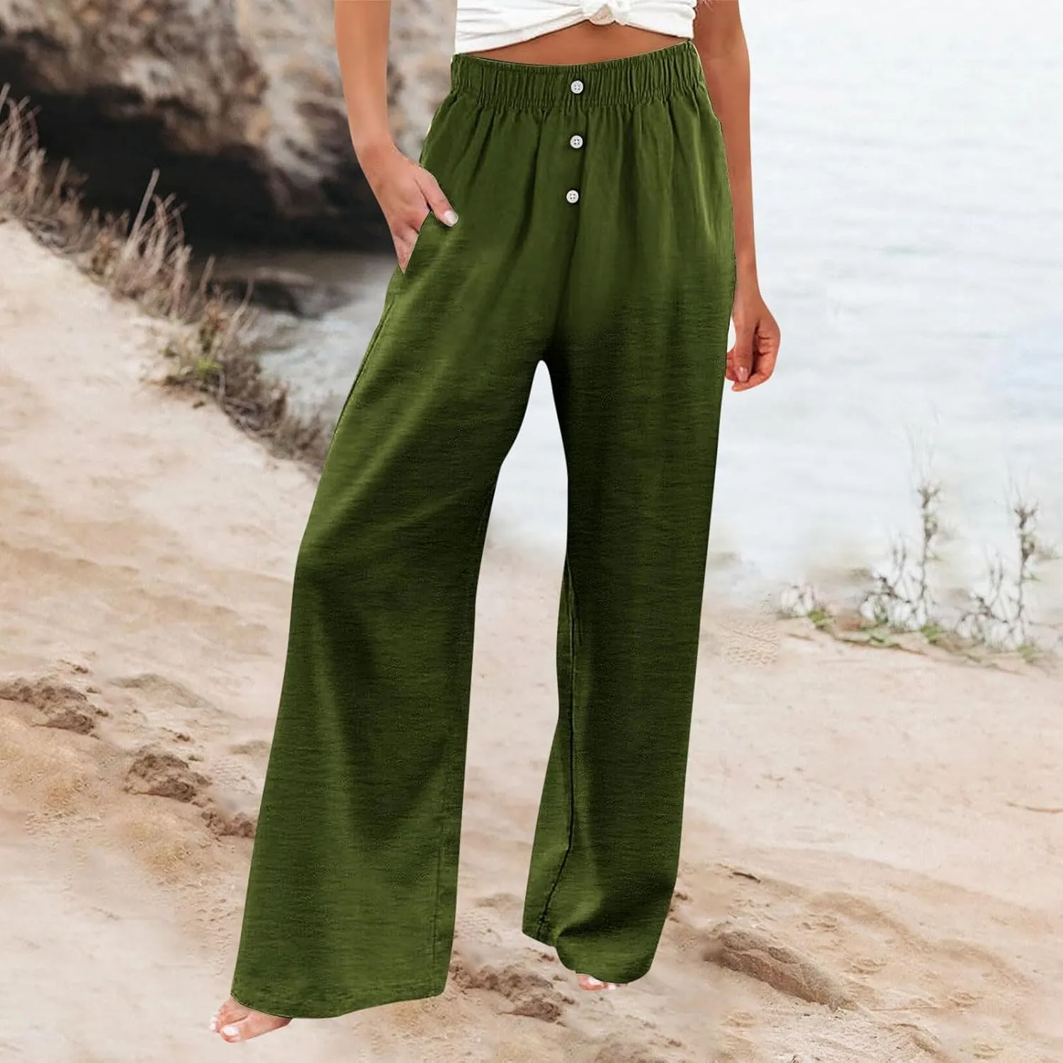 Plus Size Linen Pants Women Pull On High Waisted Casual Loose Pants 2024 Summer Boho Beach Pants with Pockets