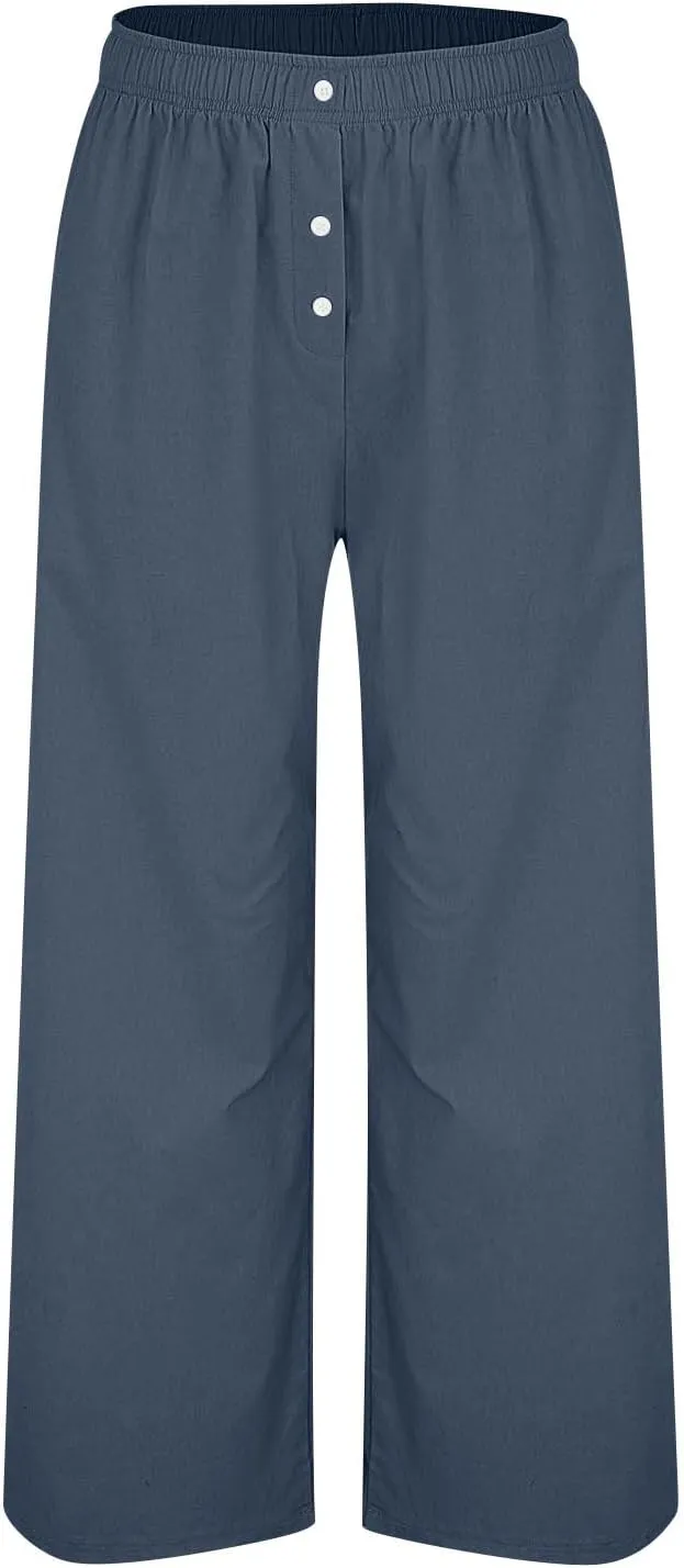 Plus Size Linen Pants Women Pull On High Waisted Casual Loose Pants 2024 Summer Boho Beach Pants with Pockets