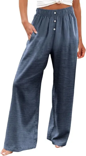 Plus Size Linen Pants Women Pull On High Waisted Casual Loose Pants 2024 Summer Boho Beach Pants with Pockets