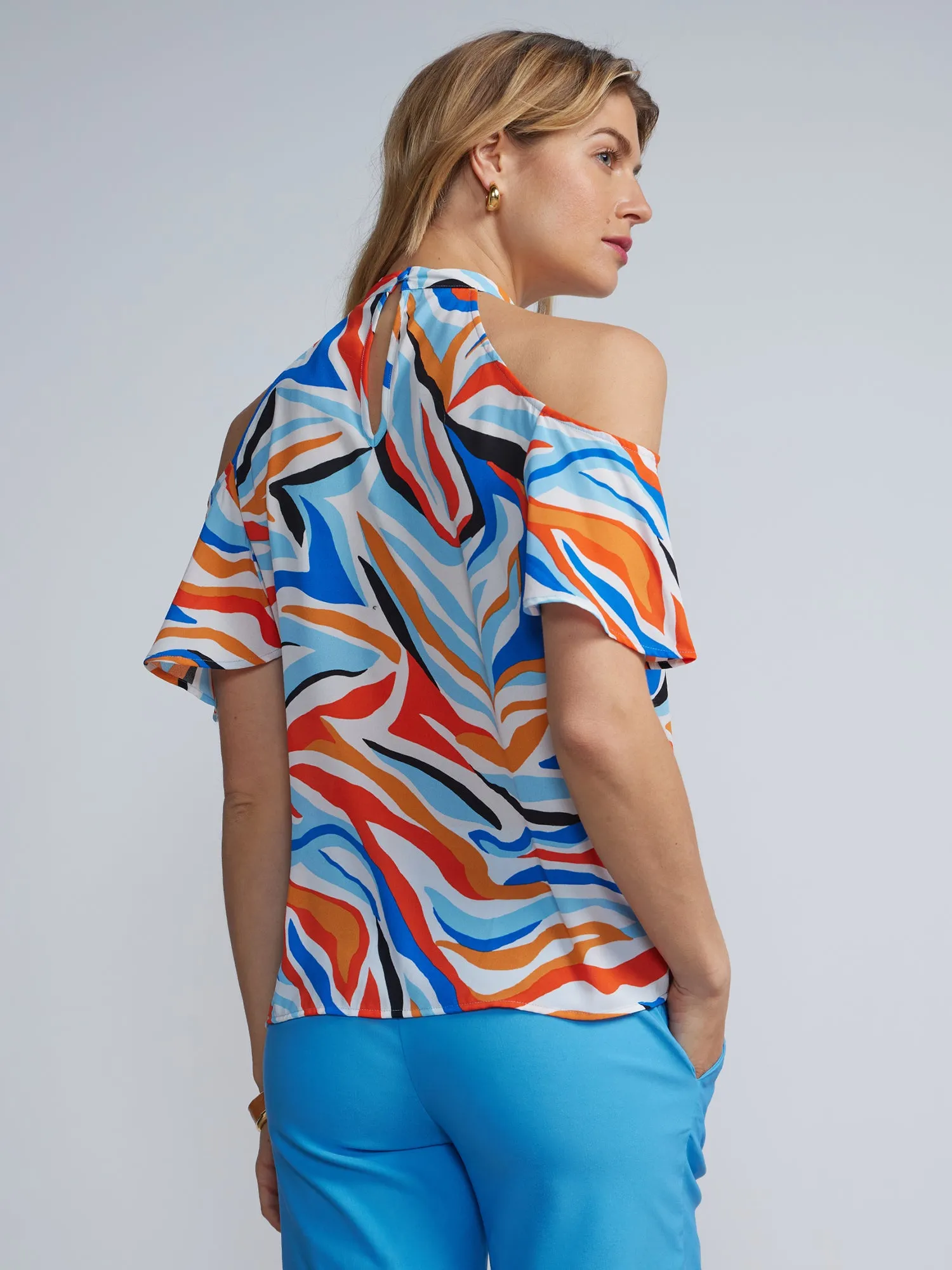Printed Halter Neck Cold Shoulder Top