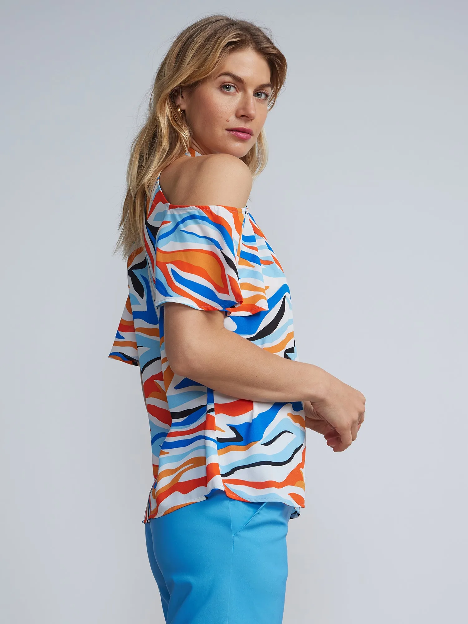 Printed Halter Neck Cold Shoulder Top
