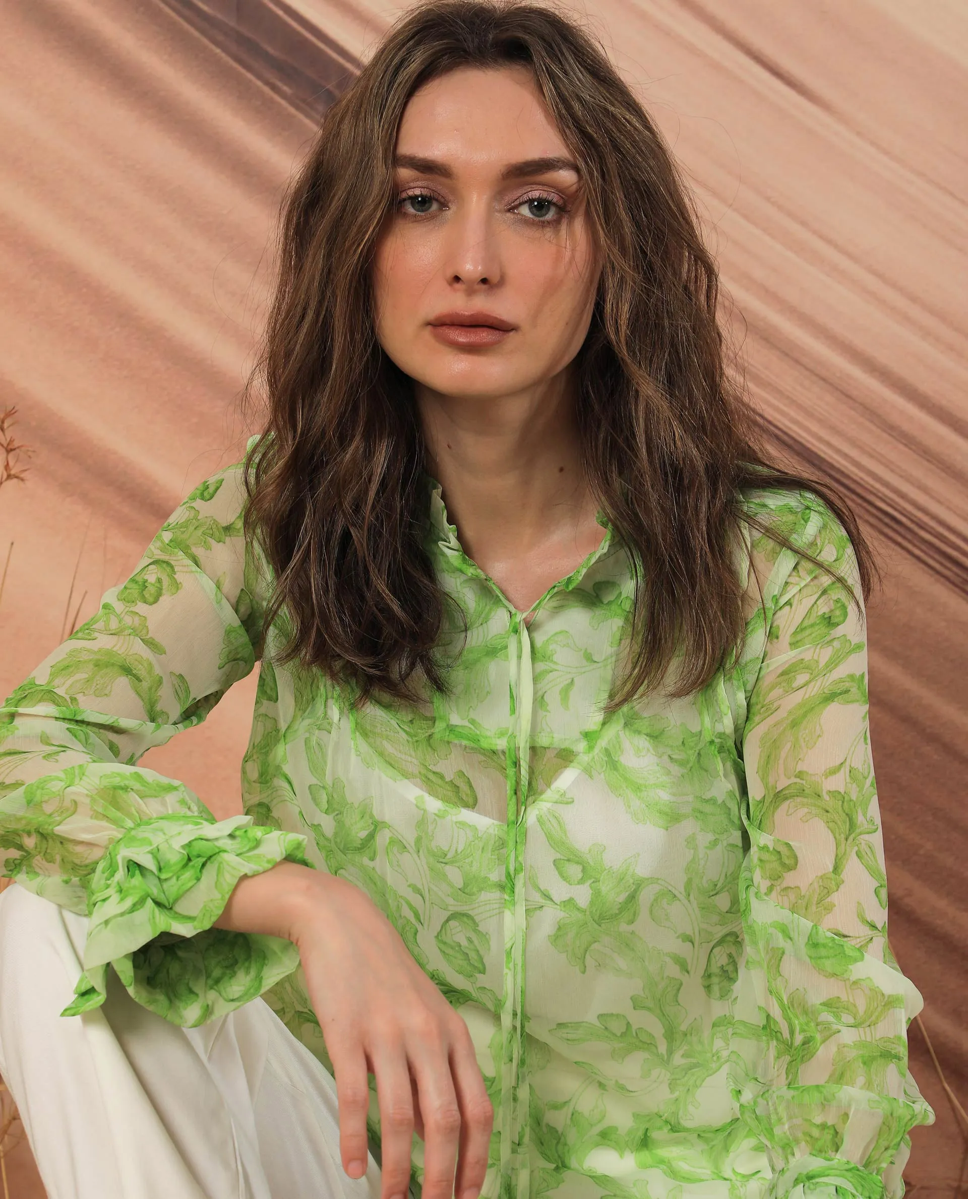 Rareism Women Willow Green Polyester Fabric Full Sleeves Tie-Up Neck Ruffled Sleeves Regular Fit Abstract Print Top