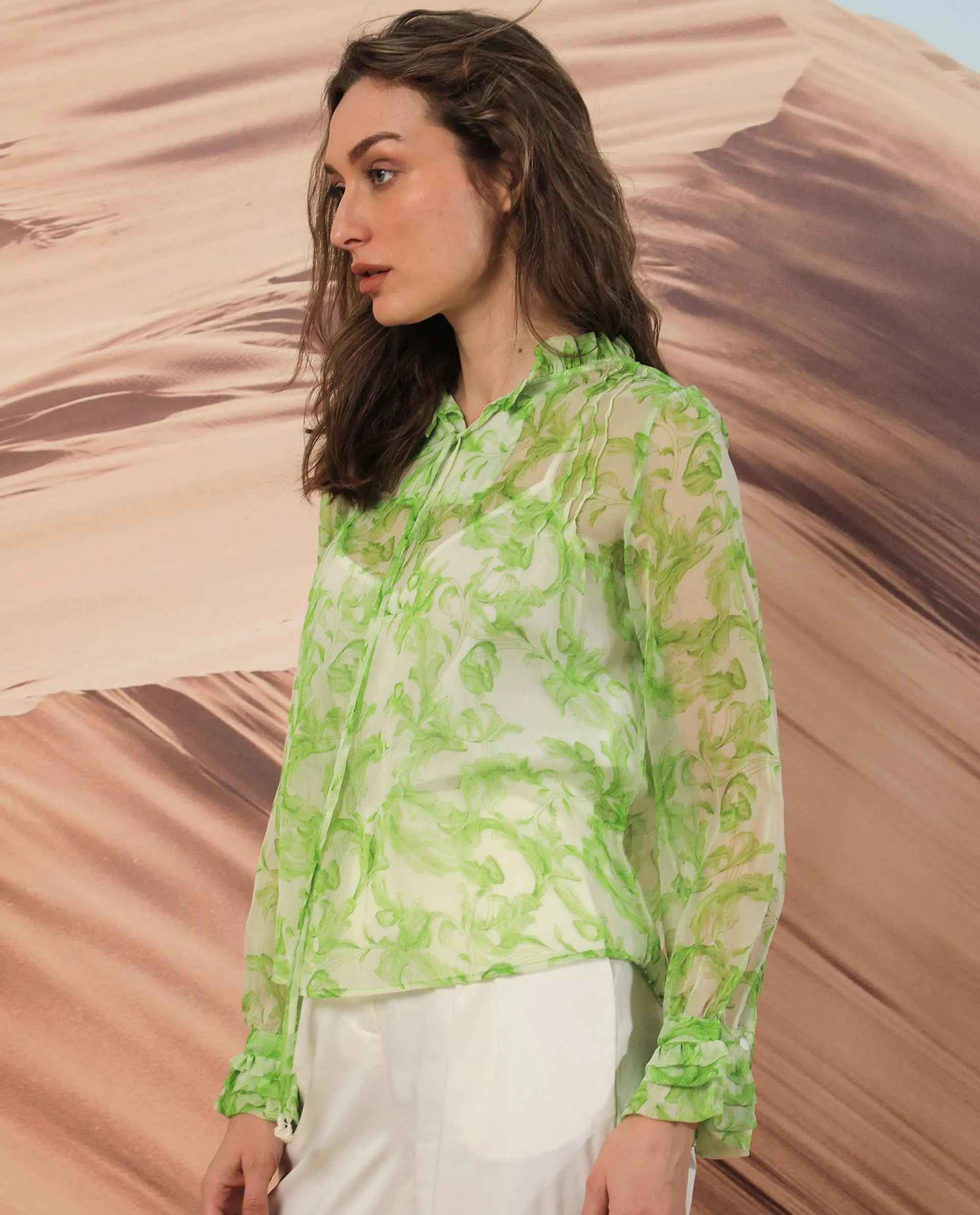 Rareism Women Willow Green Polyester Fabric Full Sleeves Tie-Up Neck Ruffled Sleeves Regular Fit Abstract Print Top