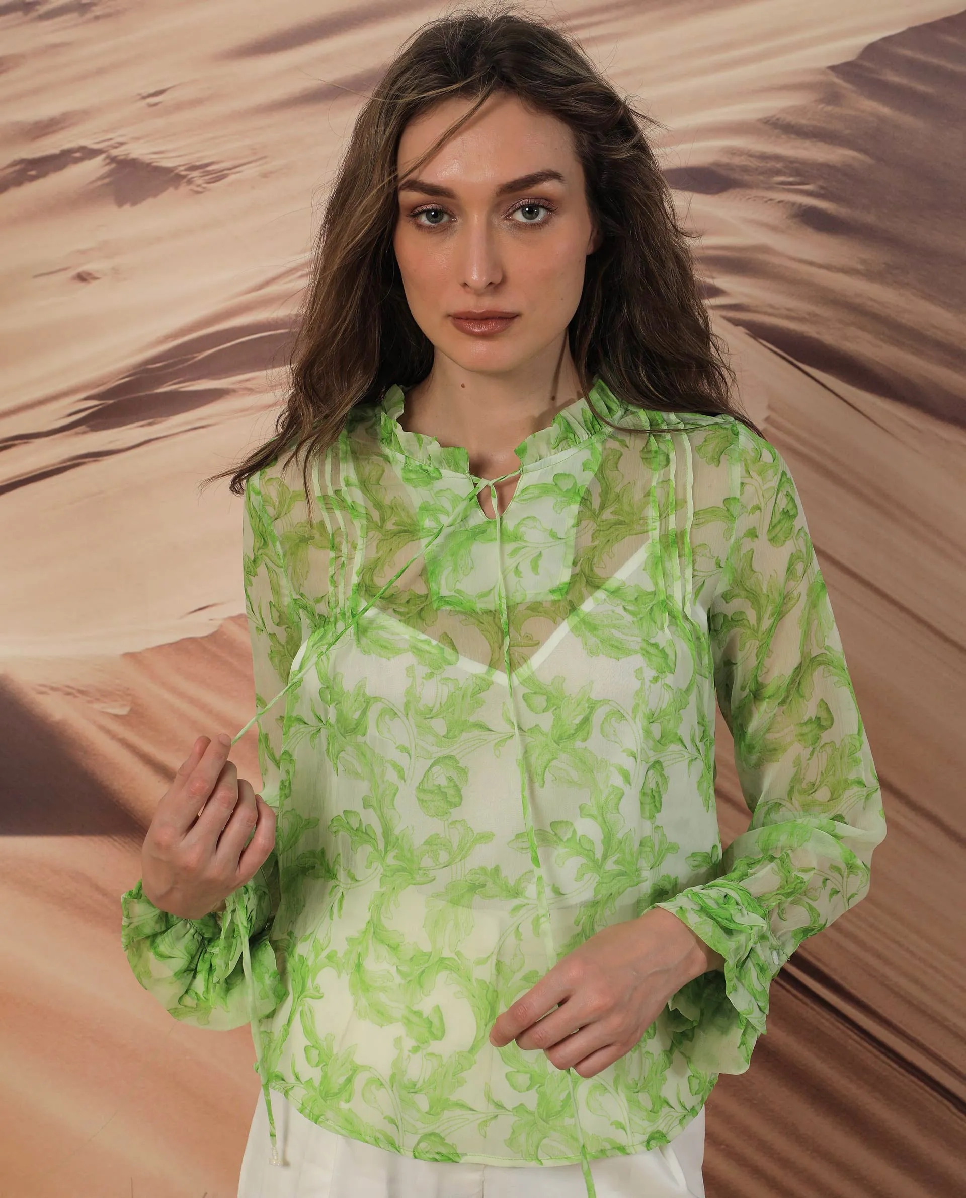 Rareism Women Willow Green Polyester Fabric Full Sleeves Tie-Up Neck Ruffled Sleeves Regular Fit Abstract Print Top