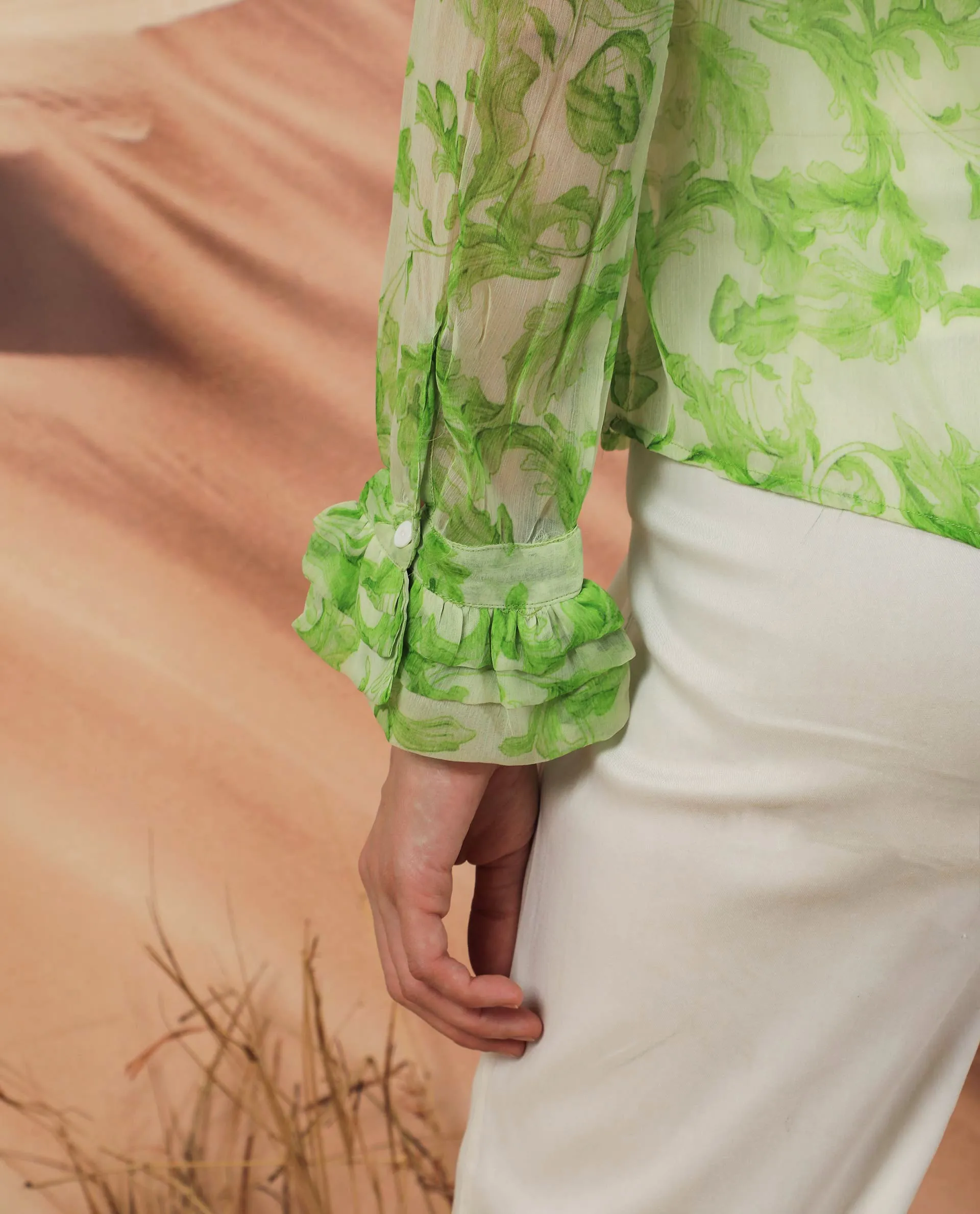 Rareism Women Willow Green Polyester Fabric Full Sleeves Tie-Up Neck Ruffled Sleeves Regular Fit Abstract Print Top