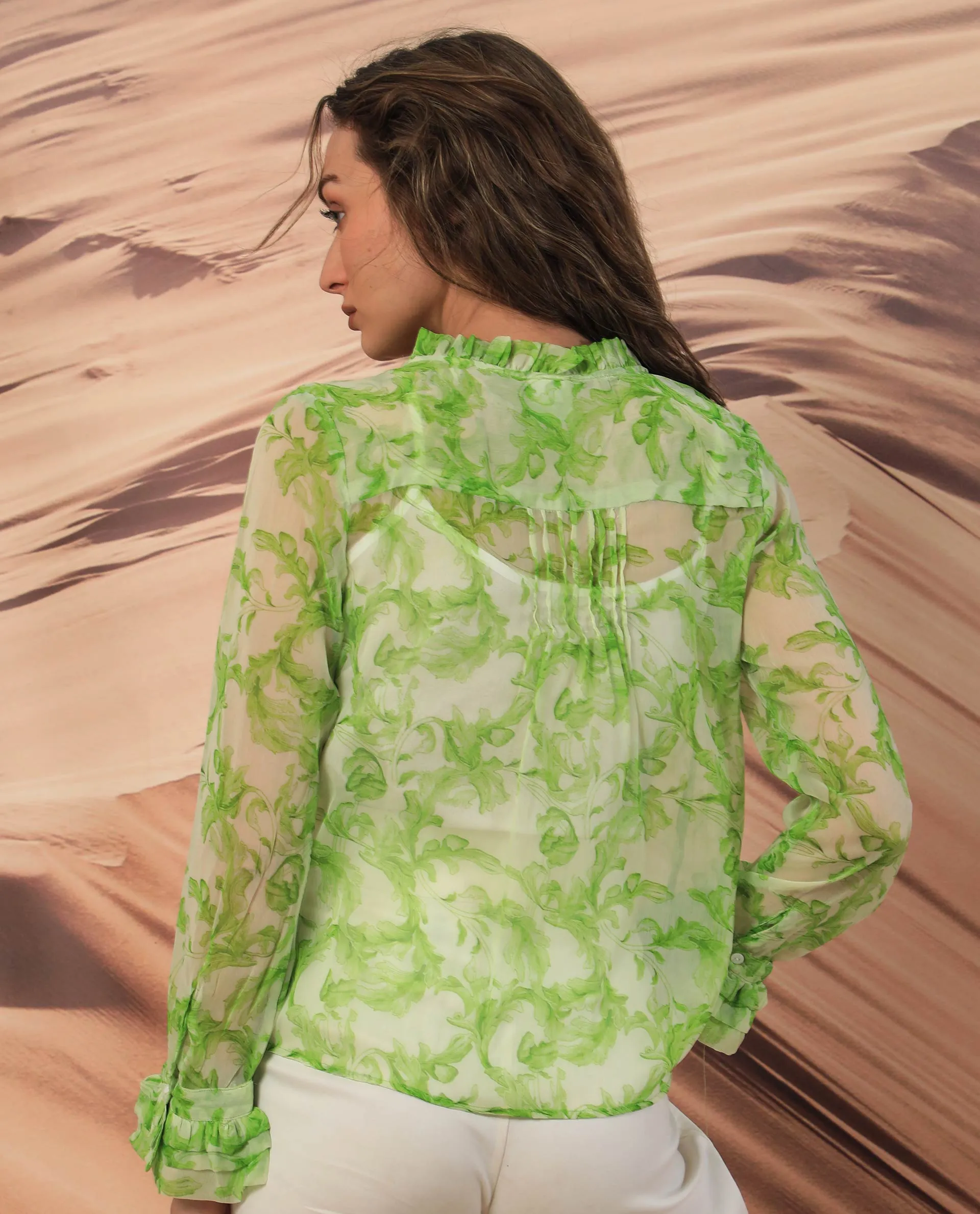 Rareism Women Willow Green Polyester Fabric Full Sleeves Tie-Up Neck Ruffled Sleeves Regular Fit Abstract Print Top