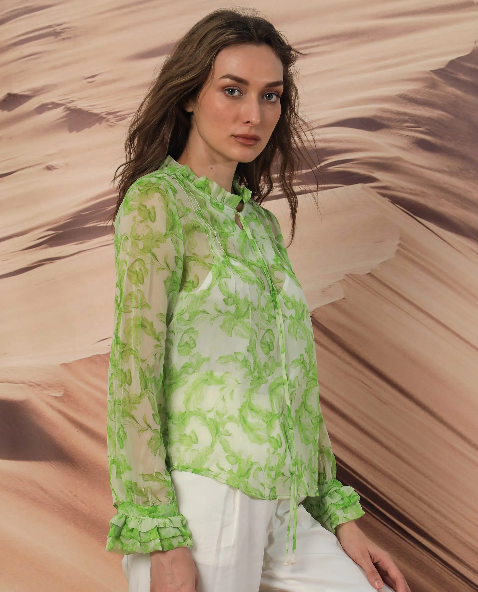 Rareism Women Willow Green Polyester Fabric Full Sleeves Tie-Up Neck Ruffled Sleeves Regular Fit Abstract Print Top