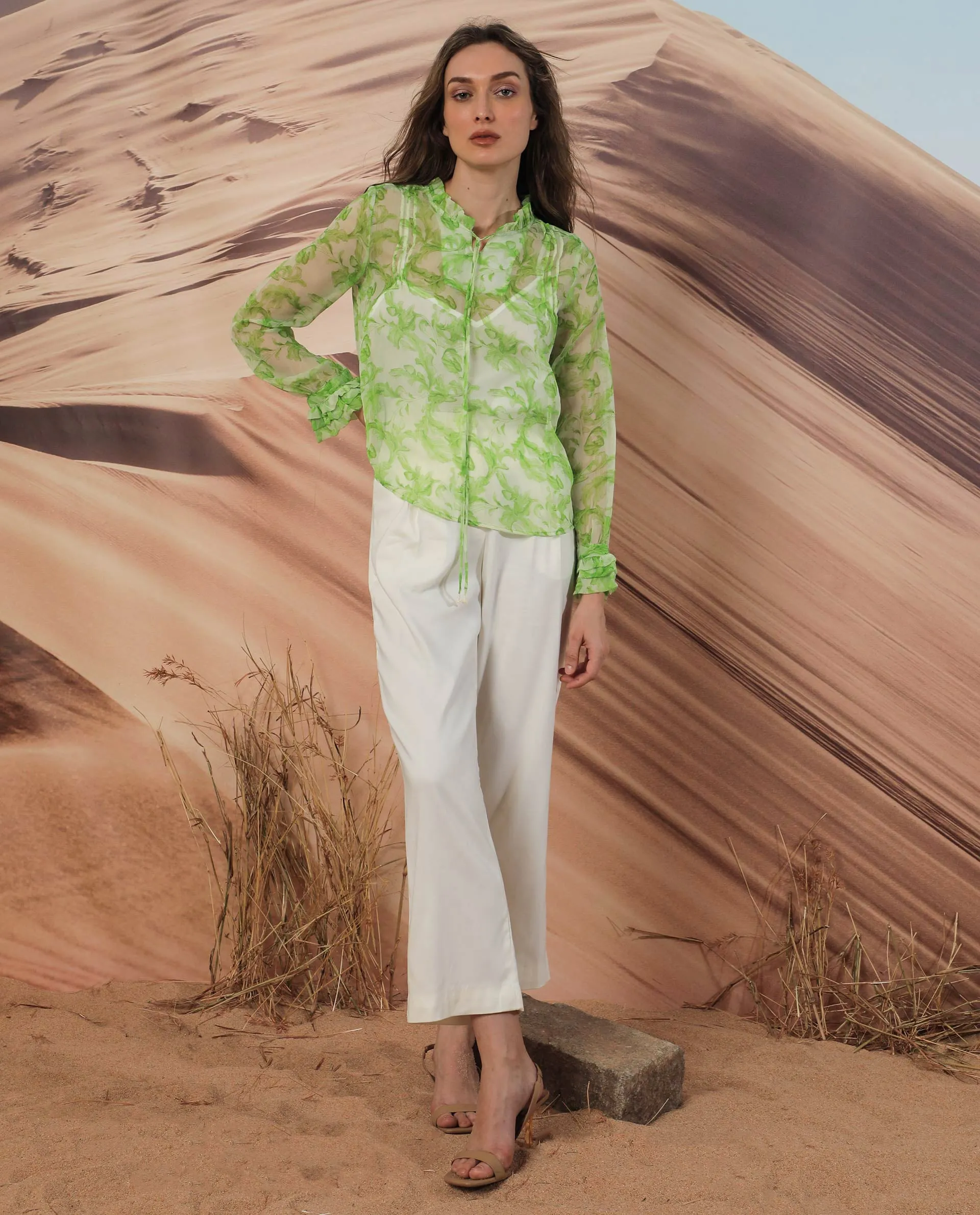 Rareism Women Willow Green Polyester Fabric Full Sleeves Tie-Up Neck Ruffled Sleeves Regular Fit Abstract Print Top