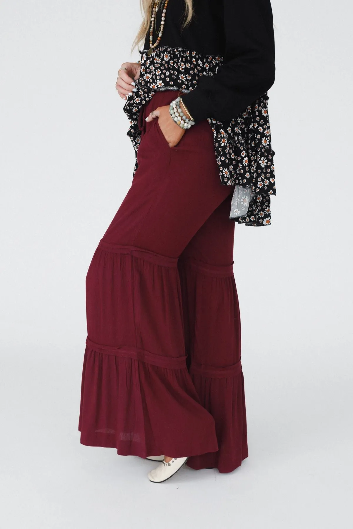 Rebel Heart Tiered Pants - Burgundy