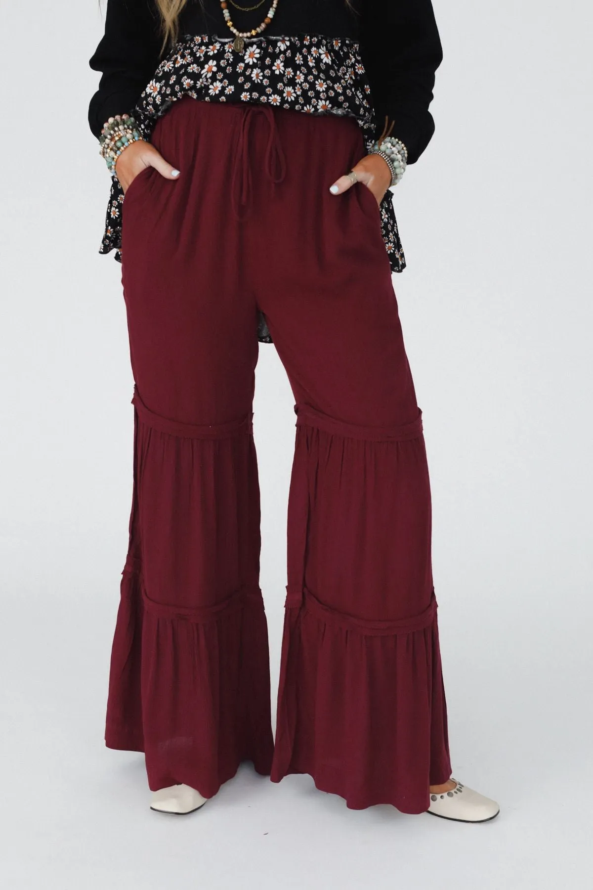 Rebel Heart Tiered Pants - Burgundy