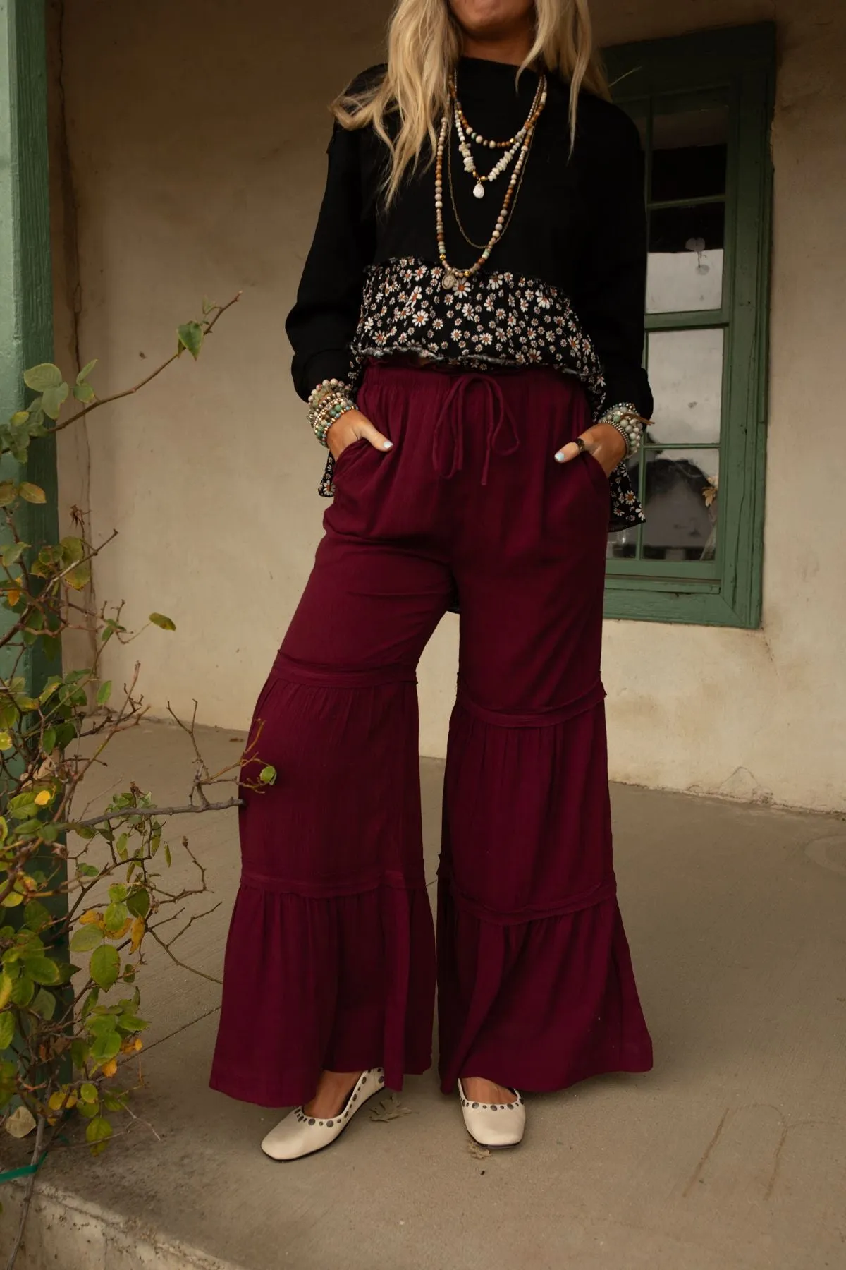 Rebel Heart Tiered Pants - Burgundy