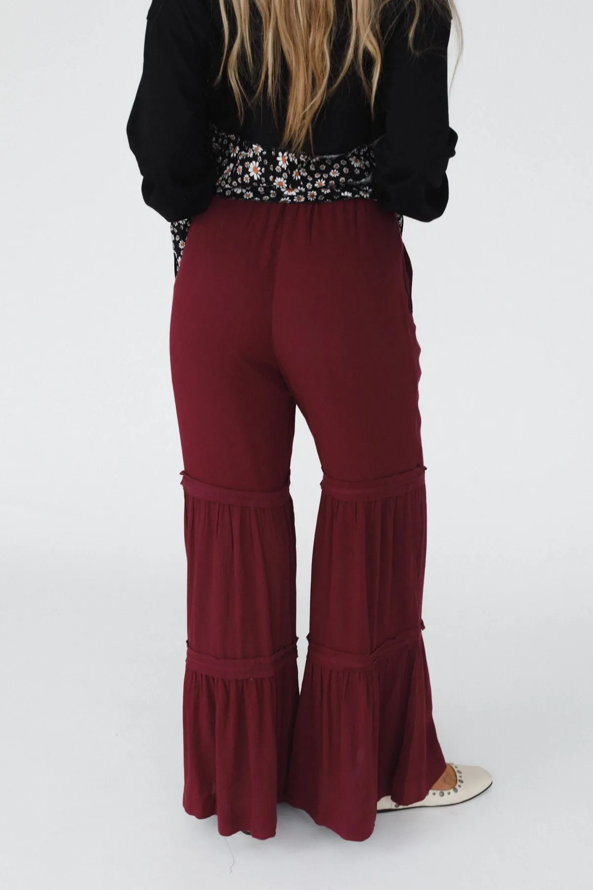 Rebel Heart Tiered Pants - Burgundy