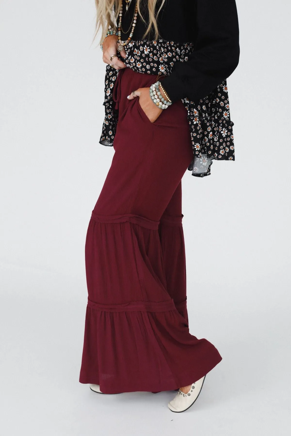 Rebel Heart Tiered Pants - Burgundy