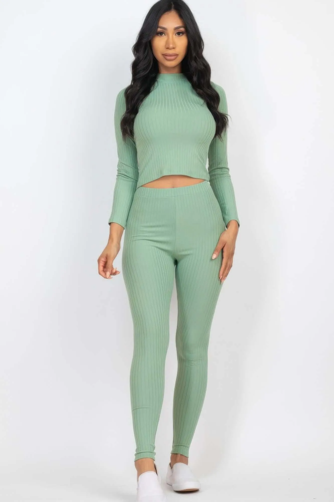 Ribbed Mock Neck Long Sleeve Top & Leggings Set