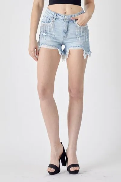 RISEN Rhinestone Embellished Chewed Raw Hem Blue Denim Jean Shorts