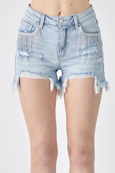 RISEN Rhinestone Embellished Chewed Raw Hem Blue Denim Jean Shorts