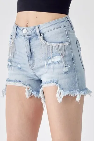 RISEN Rhinestone Embellished Chewed Raw Hem Blue Denim Jean Shorts