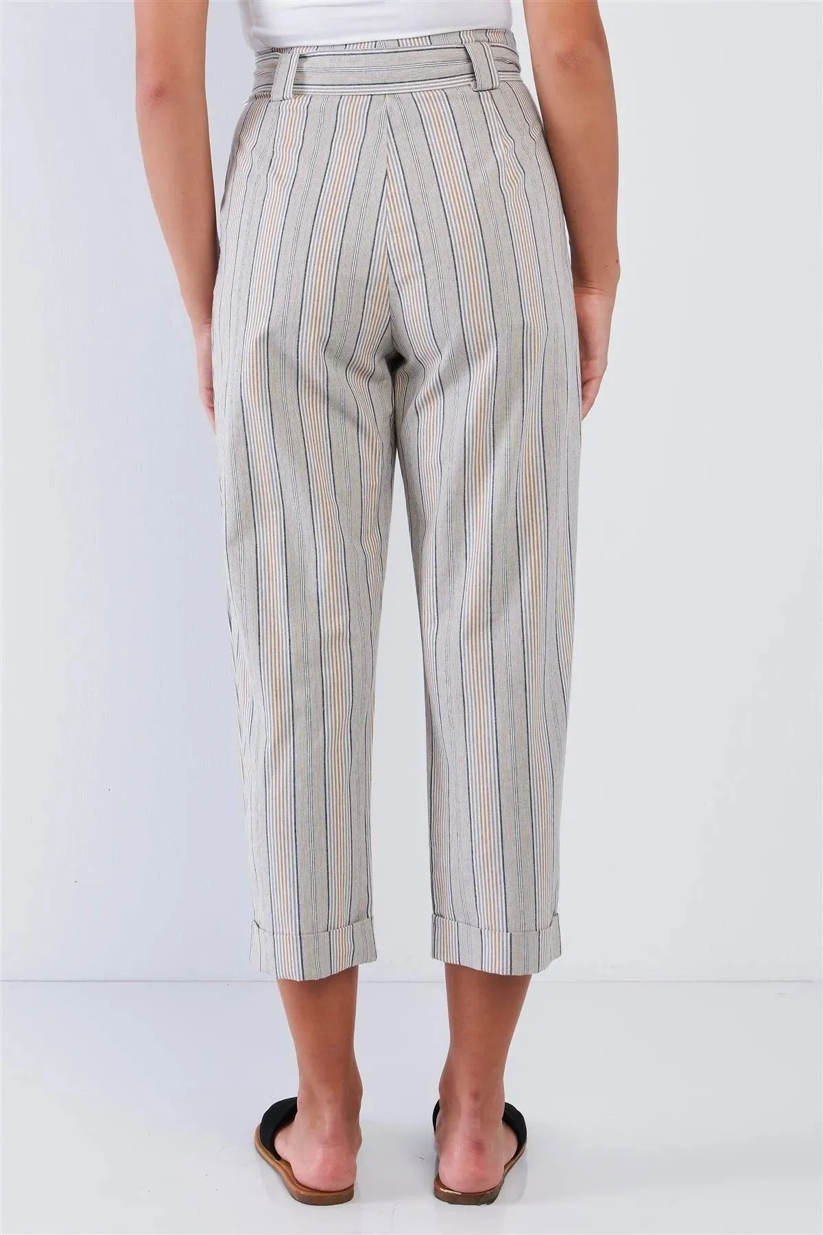 Striped High Waisted Tapered Folded Hem Pants