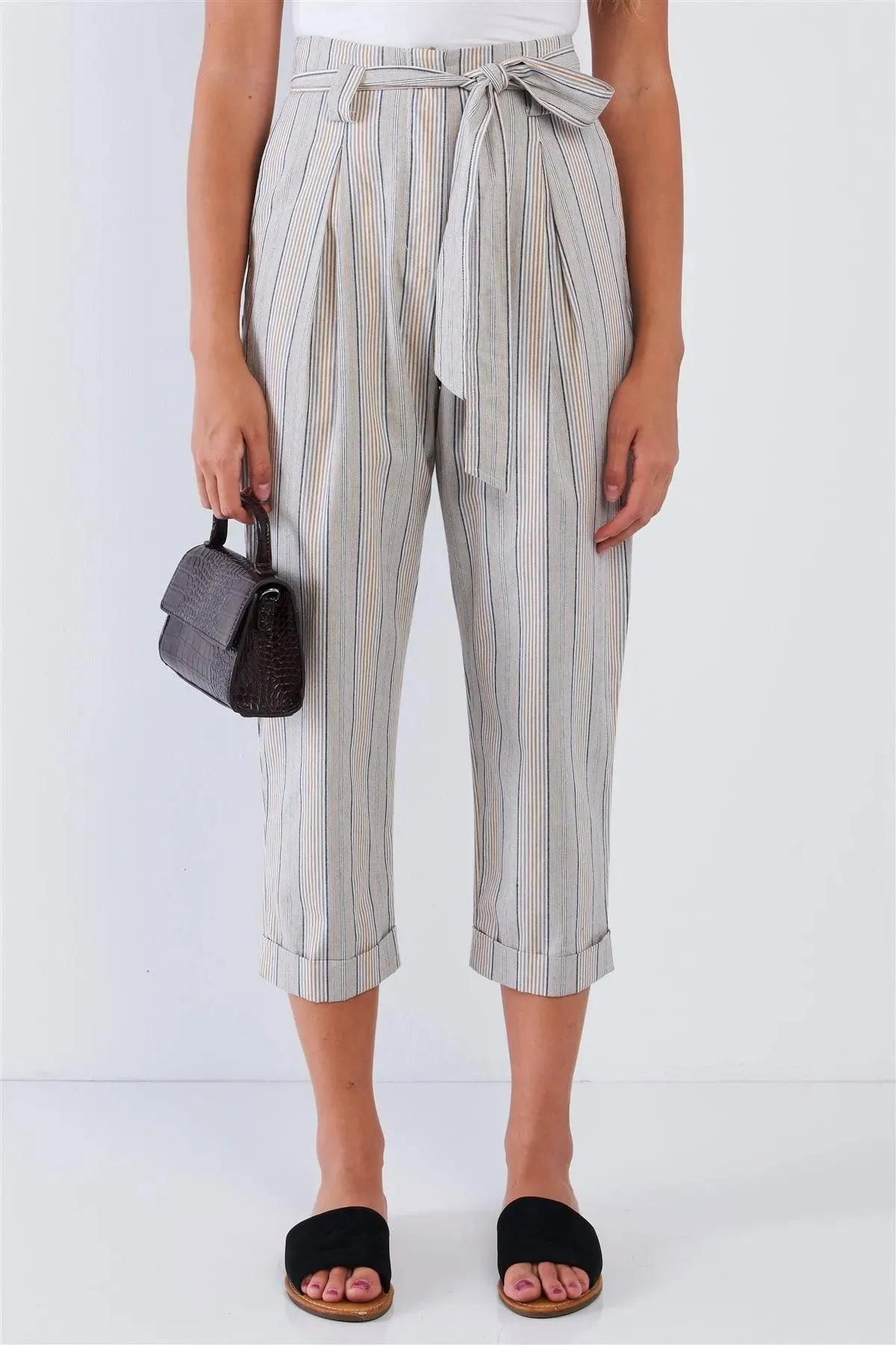 Striped High Waisted Tapered Folded Hem Pants