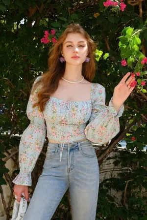 Vintage Floral Corset Puff Sleeve Blouse