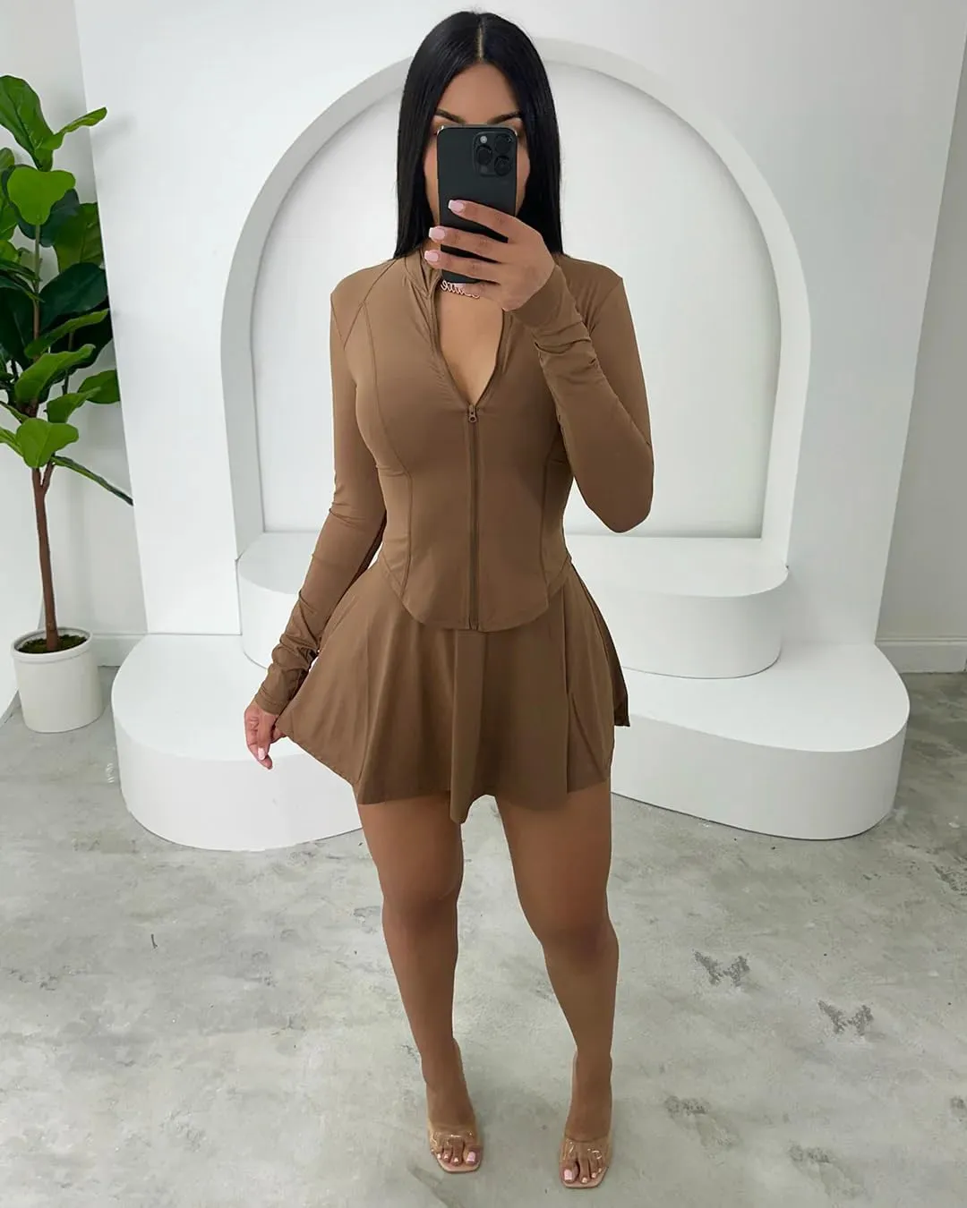 Vssjavun Women 2 Piece Mini Skirt Sets with Long Sleeve Zipper Workout Jacket Sweatsuit Tracksuit Tennis Outfits
