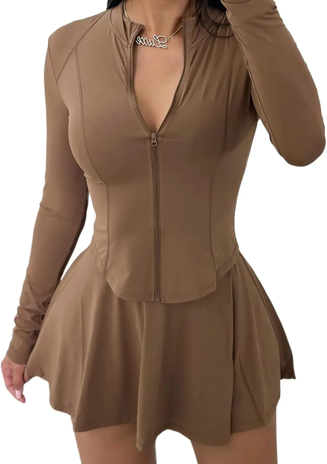 Vssjavun Women 2 Piece Mini Skirt Sets with Long Sleeve Zipper Workout Jacket Sweatsuit Tracksuit Tennis Outfits