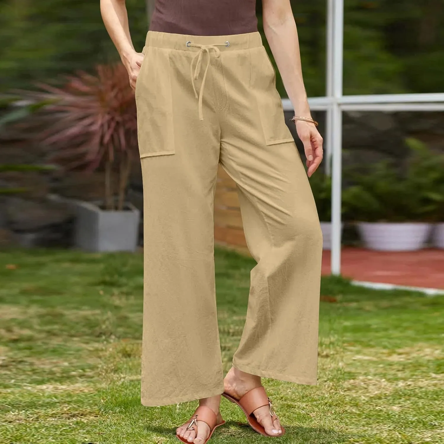 Women Casual Linen Pants Elastic Waist Drawstring Summer Long Fit Linen Beach Pants Lightweight Trousers with Pockets