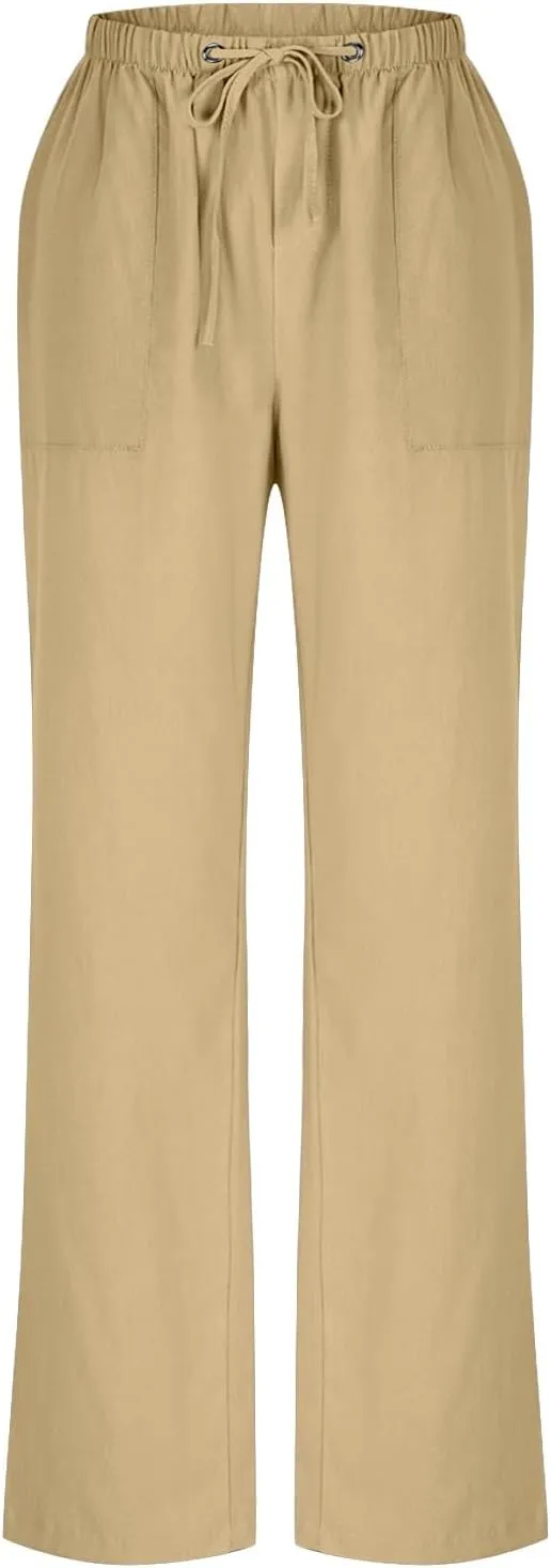 Women Casual Linen Pants Elastic Waist Drawstring Summer Long Fit Linen Beach Pants Lightweight Trousers with Pockets