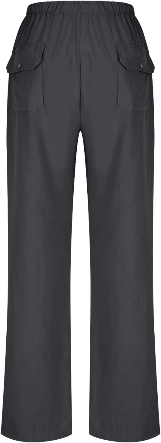 Women Casual Linen Pants Elastic Waist Drawstring Summer Long Fit Linen Beach Pants Lightweight Trousers with Pockets