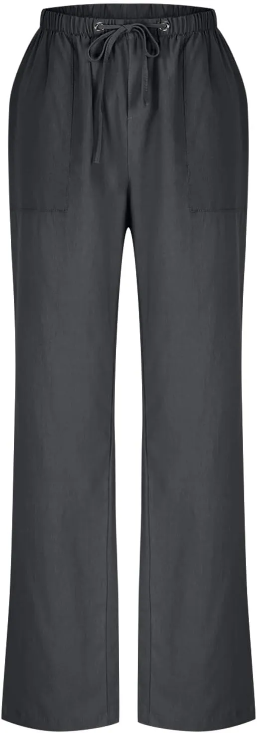 Women Casual Linen Pants Elastic Waist Drawstring Summer Long Fit Linen Beach Pants Lightweight Trousers with Pockets