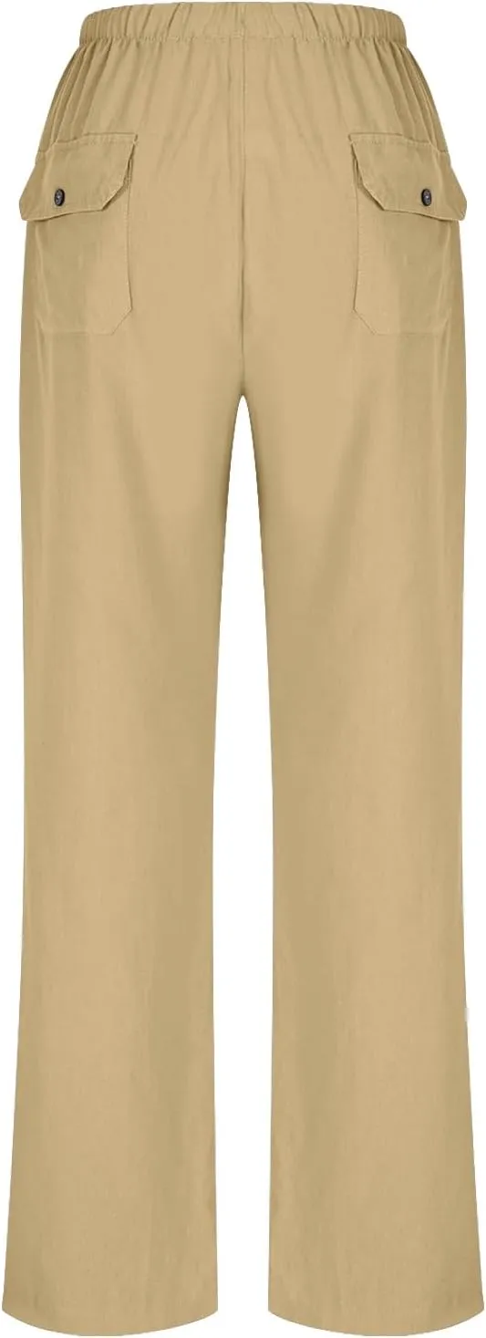 Women Casual Linen Pants Elastic Waist Drawstring Summer Long Fit Linen Beach Pants Lightweight Trousers with Pockets
