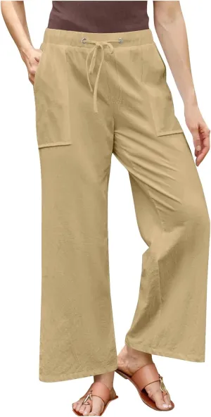 Women Casual Linen Pants Elastic Waist Drawstring Summer Long Fit Linen Beach Pants Lightweight Trousers with Pockets