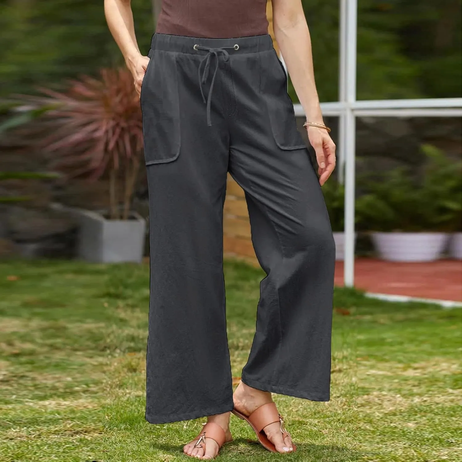 Women Casual Linen Pants Elastic Waist Drawstring Summer Long Fit Linen Beach Pants Lightweight Trousers with Pockets