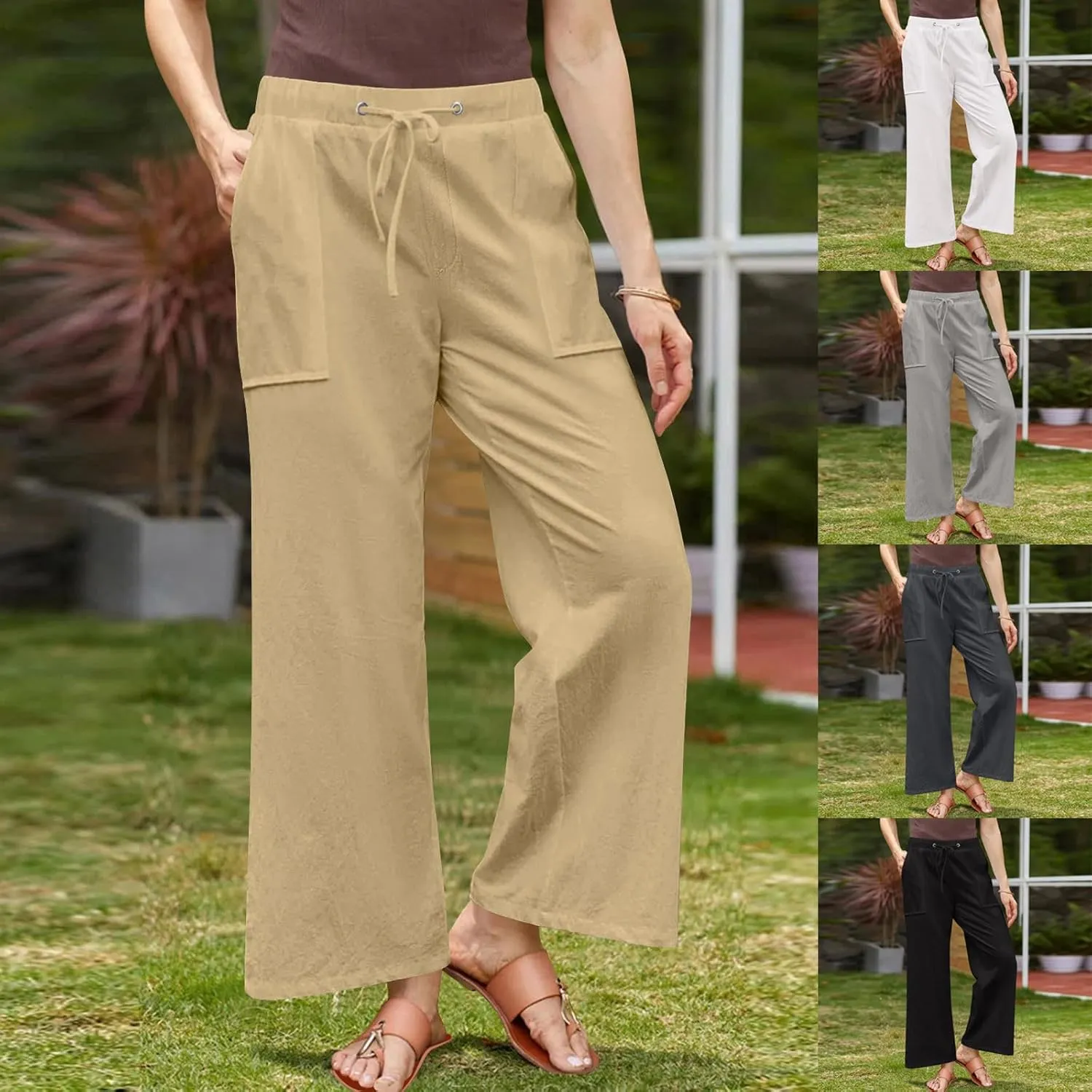 Women Casual Linen Pants Elastic Waist Drawstring Summer Long Fit Linen Beach Pants Lightweight Trousers with Pockets