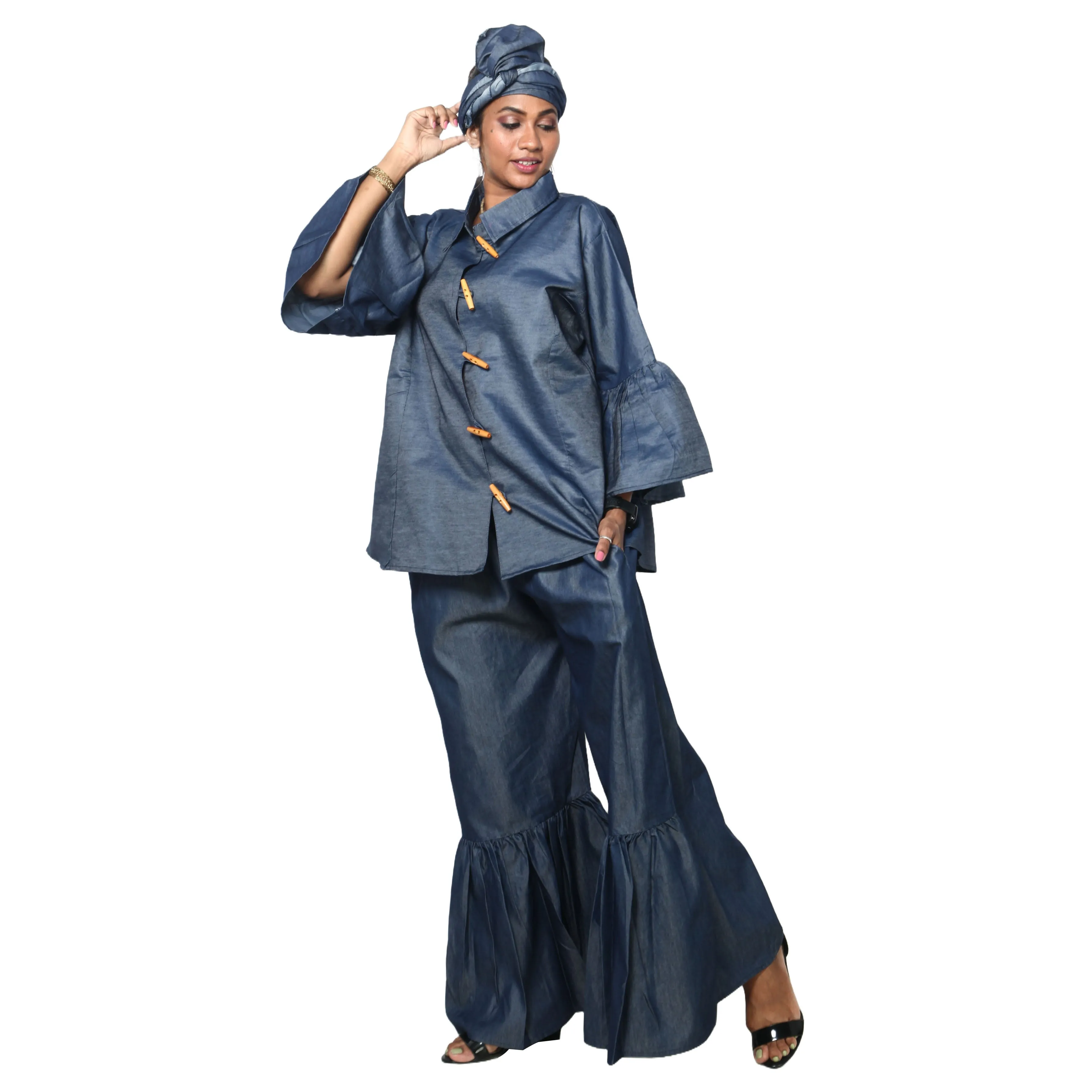 Women's Button Down Top and Palazzo Pants Set -- FI-4051 Denim